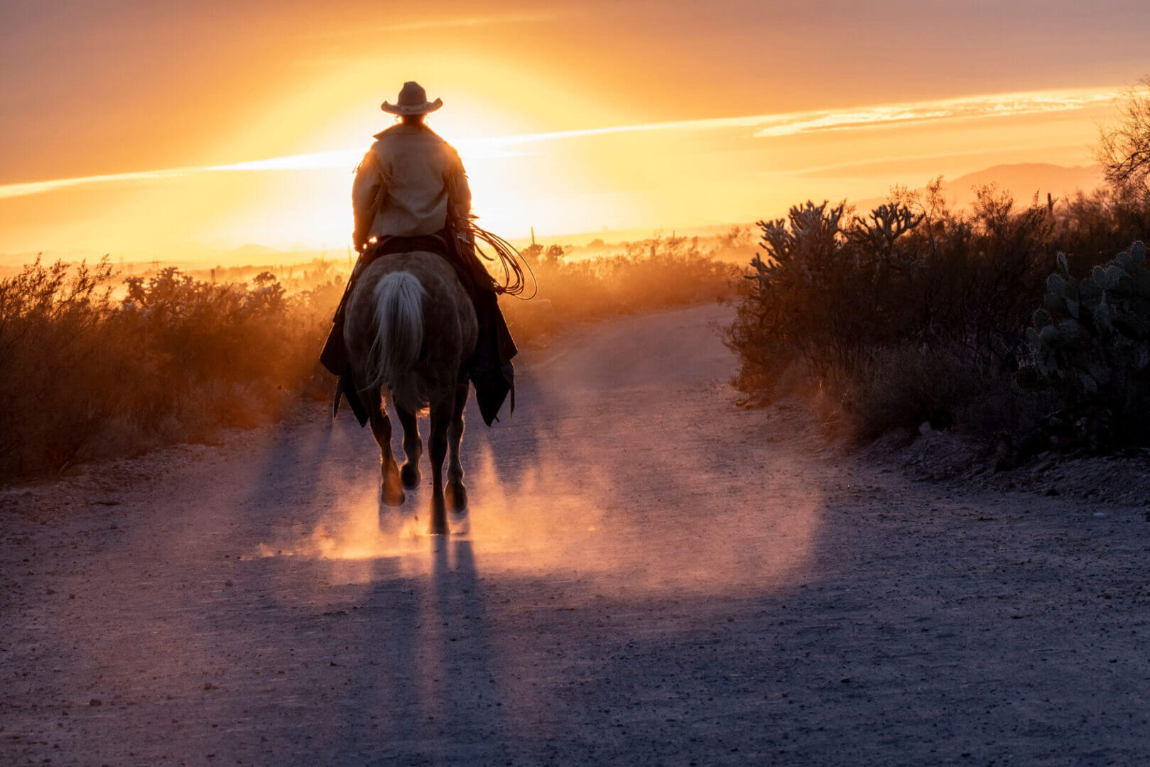 Cowboy riding horse on dusty trail at sunset.