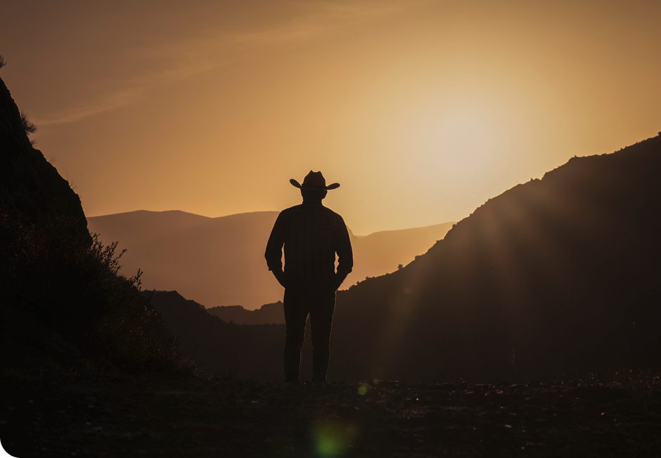 Silhouette of a cowboy standing against a sunset-lit mountainous backdrop.